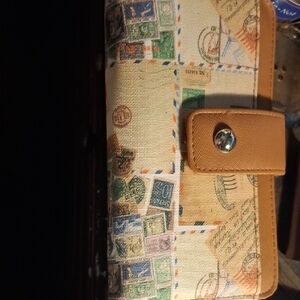 Vintage Stamp Print Wallet with Tan Accents